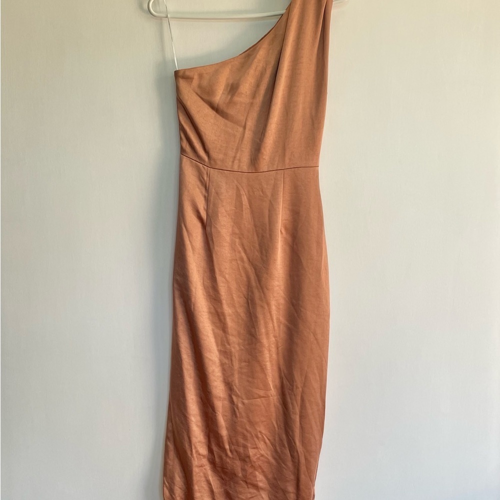 NWT Elliott Cassini Dress Copper Satin One Shoulder Ruched Formal Sleeveless S - Picture 5 of 15